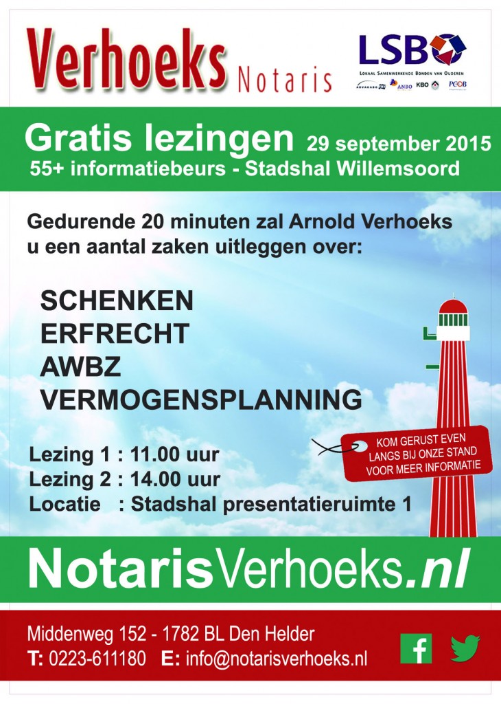 Notaris Verhoeks Gratis Lezingen 55+ beurs flyer